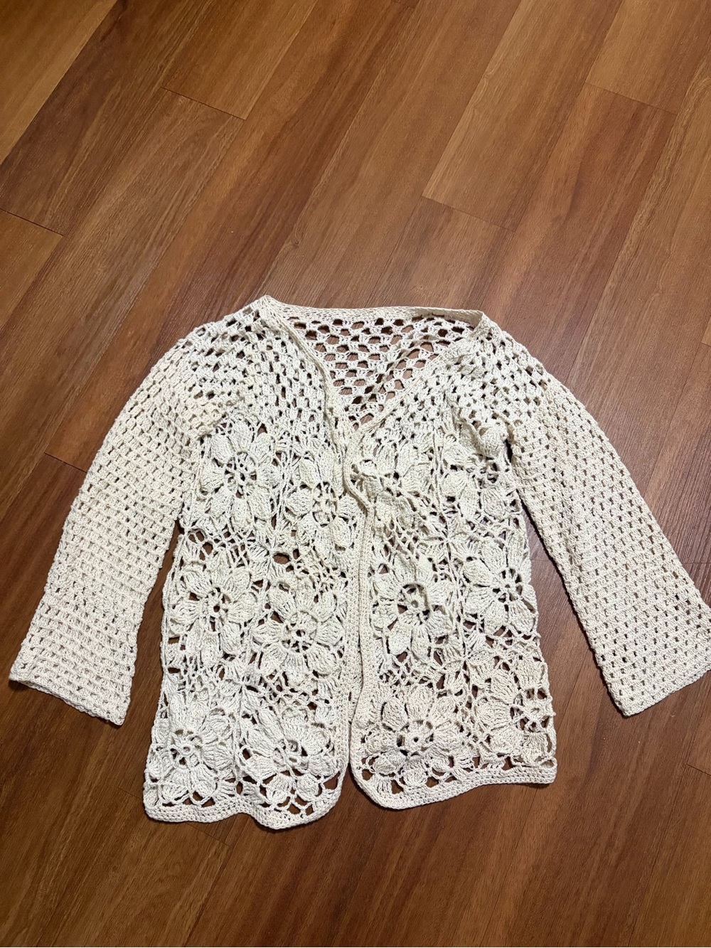 Handmade Cream Floral Crochet Boho Open Front Cardigan Cover-Up VGUC Sz MED/LG